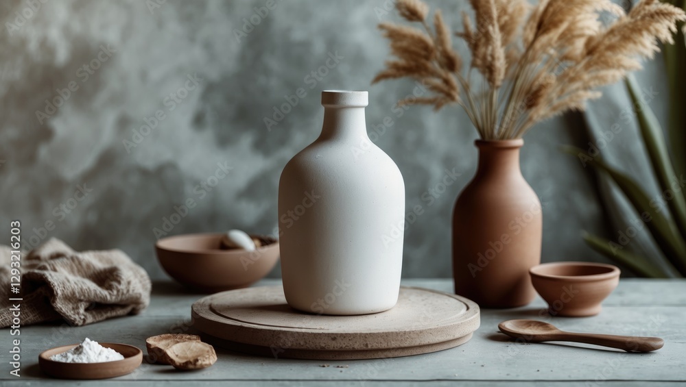 Poster elegant white clay bottle on minimalist table setting with natural elements and empty space for crea