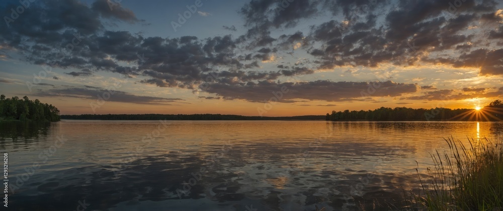 Poster serene summer sunset reflection on tranquil lake with expansive sky and empty space for custom text 
