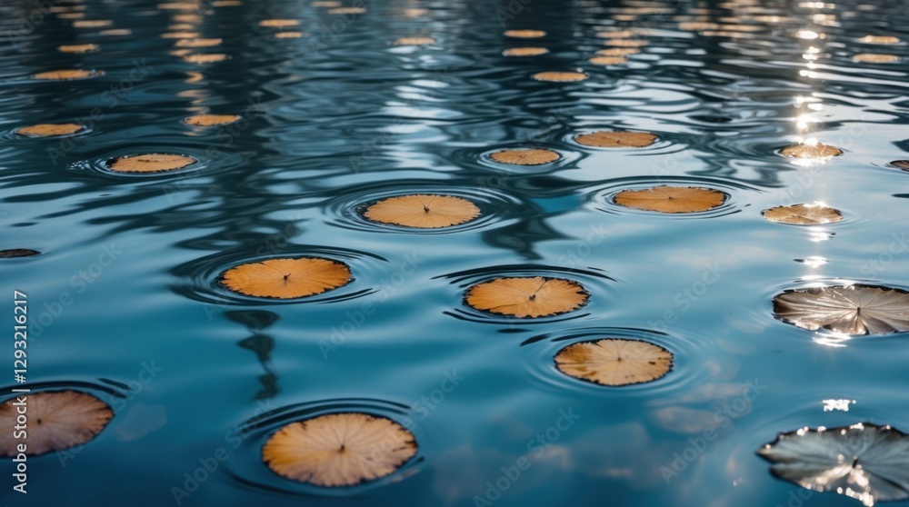 Poster serene water reflections with floating lily pads creating a tranquil background for nature-inspired 