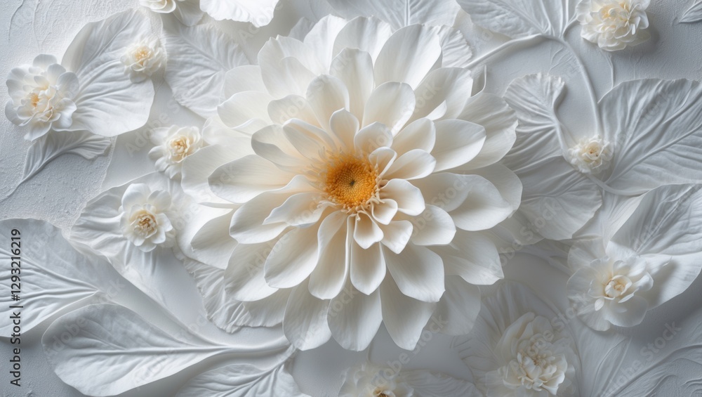 Aufkleber delicate white floral texture background with layered petals and leaves creating an elegant and sere