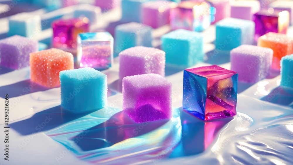 Poster colorful sugar cubes reflected on a glossy surface creating an artistic and vibrant culinary display