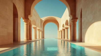 Modern oasis with serene pool reflecting majestic architecture view