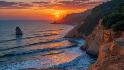 Obraz premium Stunning sunset over rocky coast with gentle waves and vibrant colors illuminating the sky, creating a serene coastal landscape at dusk.