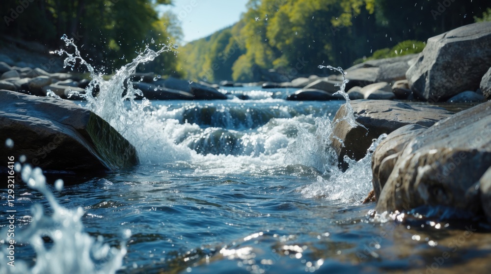 Aufkleber low-angle view of a river with water crashing against rocks, creating splashes, surrounded by lush g