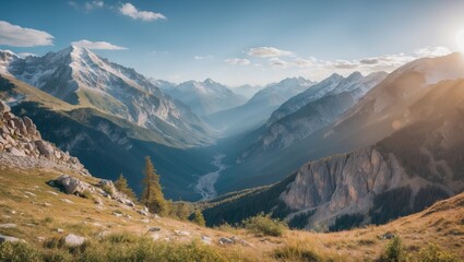 Fototapeta premium Majestic Mountain Landscape Under Clear Blue Sky with Sunlight Casting Warm Glows on Serene Valleys and Peaks in Natural Scenic Beauty