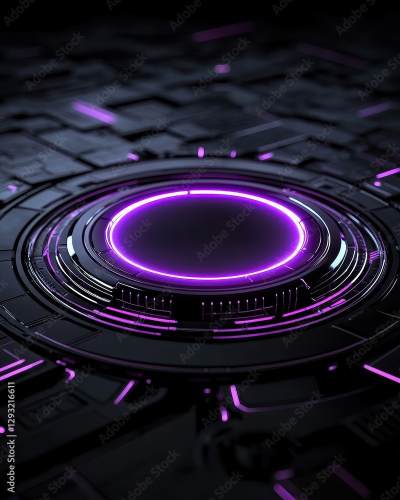 Poster futuristic abstract design featuring glowing purple circular patterns on a dark background.