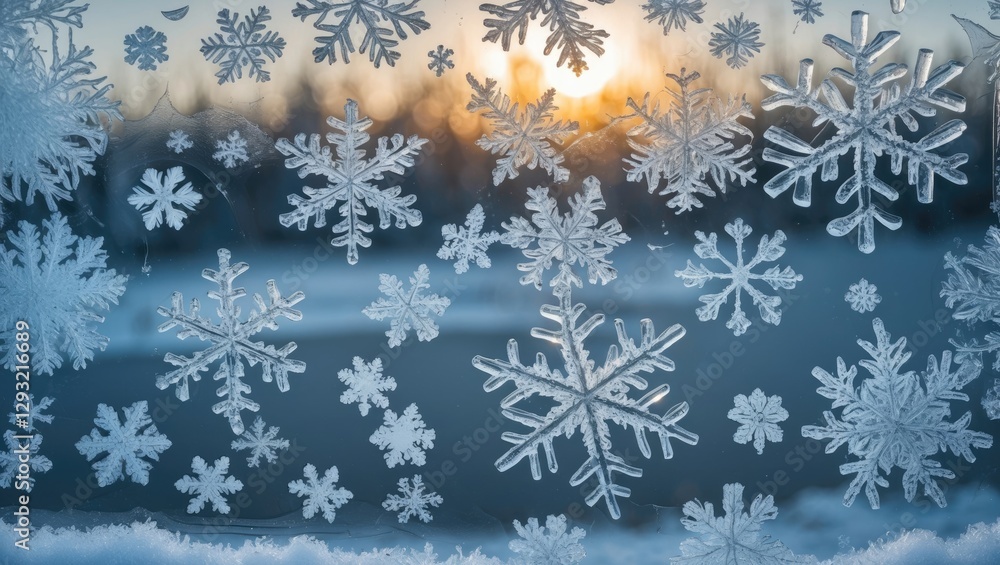 Poster frosted window with intricate ice patterns and snowflakes at sunrise creating a serene winter atmosp