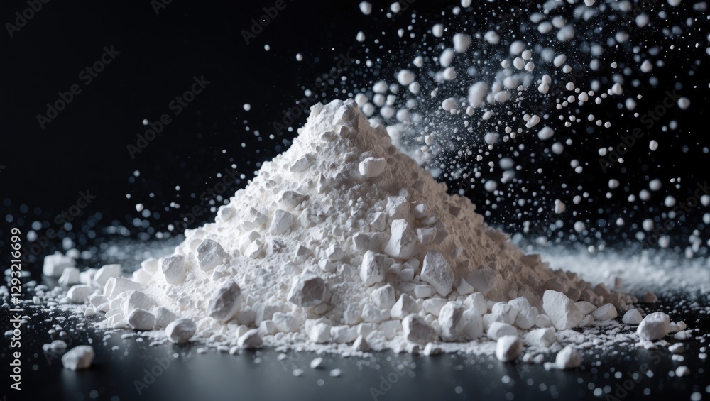 Poster white powder mound with scattered particles on a dark background showcasing texture and detail in a 