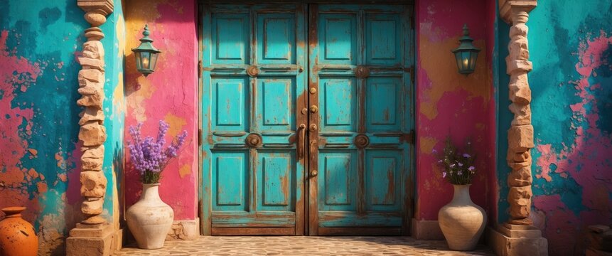 vintage door design with colorful walls and decorative elements creating a charming traditional aesthetic for nostalgic themes