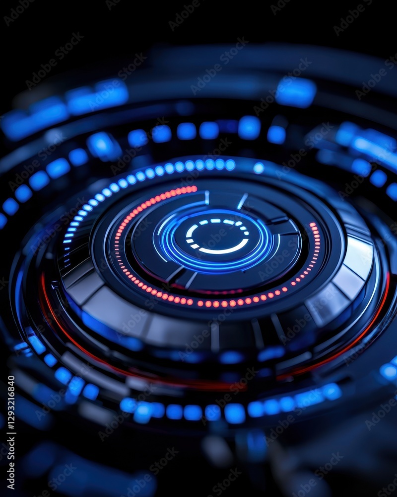 Poster futuristic abstract design featuring intricate blue and red glowing patterns.