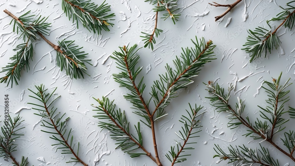 Poster green white cedar branches arranged on textured background creating a natural and calming design for