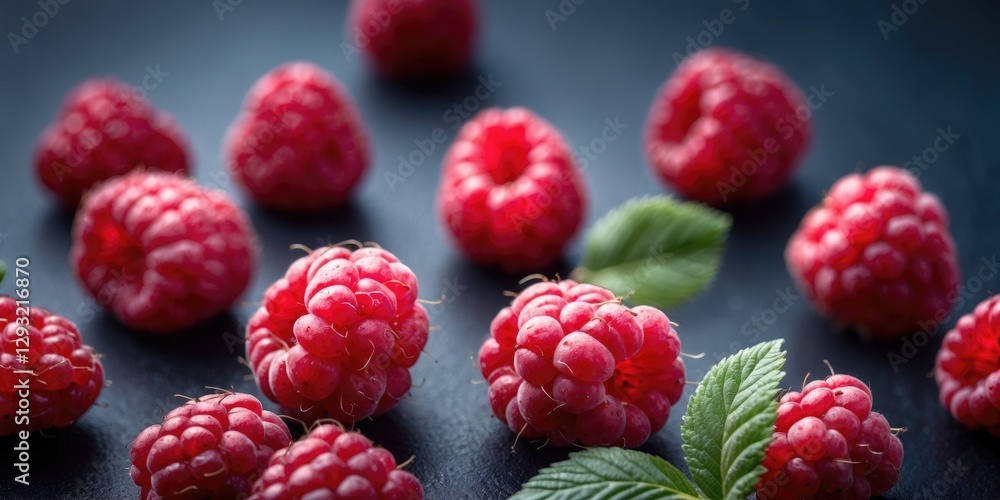 Aufkleber close-up of fresh red raspberries on a dark background with space for text or design elements