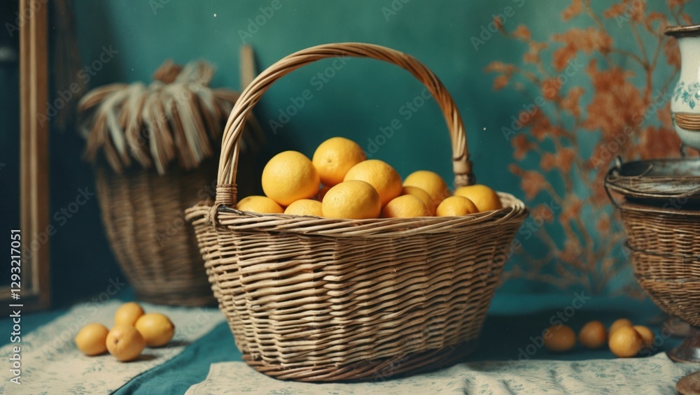 Poster rustic wicker basket filled with fresh yellow lemons on vintage table setting