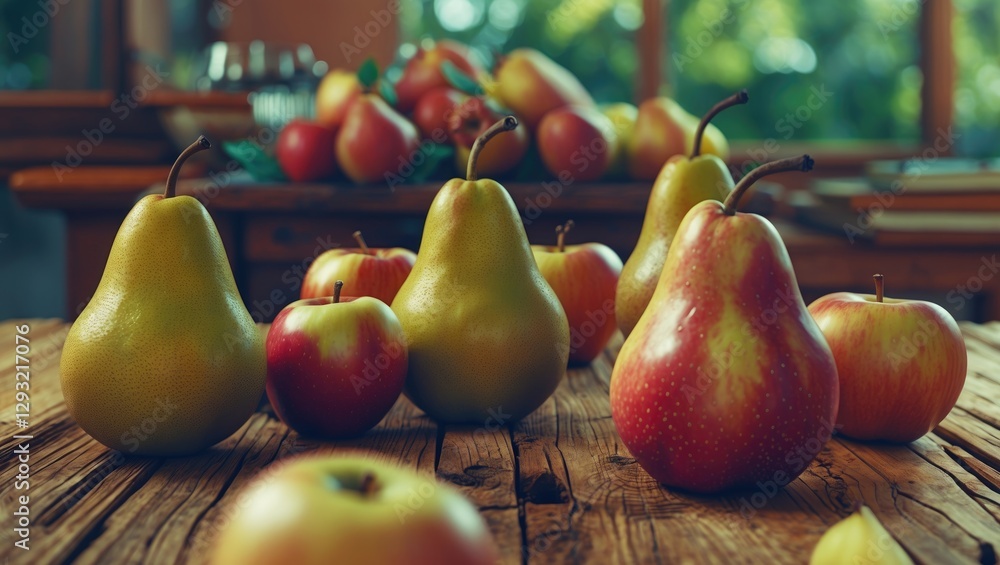 Aufkleber freshly picked ripe pears and apples arranged on rustic wooden table with natural light and space fo