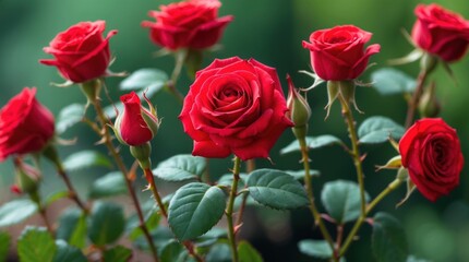 Vibrant red miniature roses blooming beautifully against a lush green background in a serene garden setting.