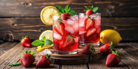 Refreshing Strawberry Lemonade with Mint Served in Glasses on Wooden Surface with Fresh Strawberries and Lemon Slices