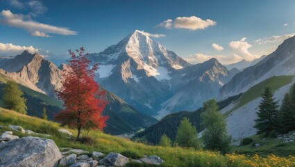 Obraz premium Majestic Mountain Landscape with Vibrant Autumn Foliage and Scenic Valley Under Clear Blue Skies in Summer Season.
