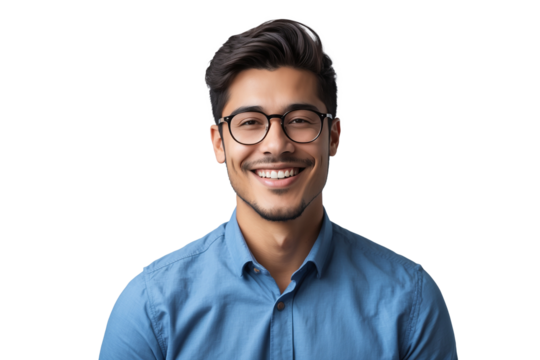 Portrait of young smiling Latin man wearing blue shirt and glasses