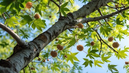 Fototapeta premium Maple tree branches showcasing vibrant green leaves and seeds against a blue summer sky ideal for nature-themed backgrounds.