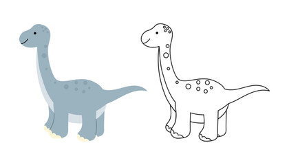Cute brontosaurus, coloring book for kids. Friendly dino with a long neck. Children's coloring book with color example. Outline, coloring page. Vector illustration.