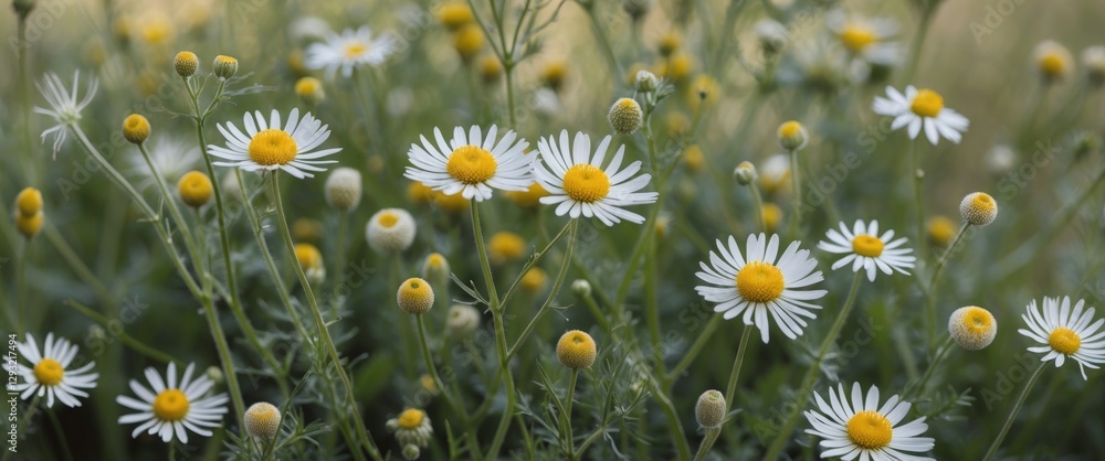 Aufkleber charming wild chamomile flowers in a lush garden setting with ample copy space for text or branding 