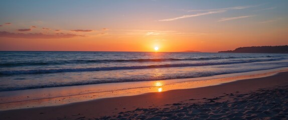 Fototapeta premium Tranquil Sunset Over Serene Beach Waves Reflecting Warm Hues on Sandy Shoreline Peaceful Evening Atmosphere Relaxing Coastal View