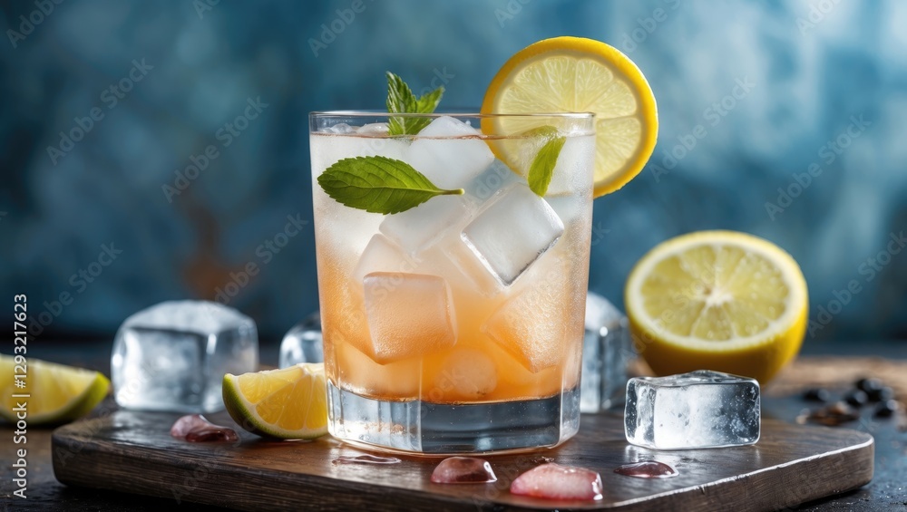 Poster refreshing citrus drink in a glass with ice cubes and lemon slices on wooden table with blurred back