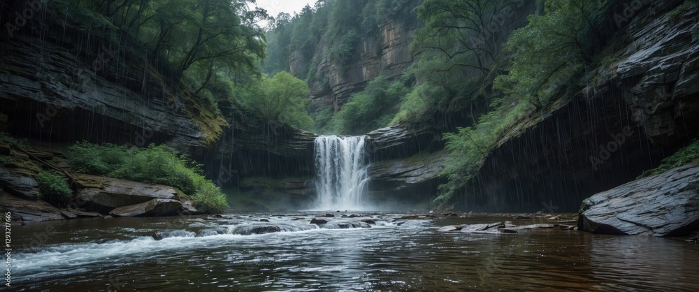 Poster tranquil rainforest waterfall cascading through rocky canyon surrounded by lush greenery with space 
