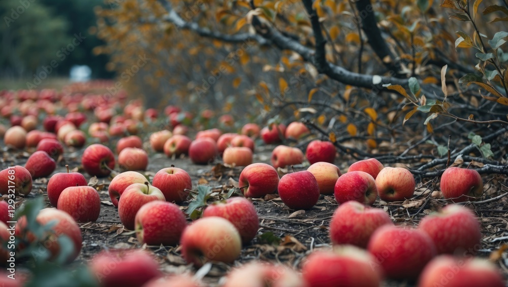 Poster scattered red apples on ground in orchard after storm with room for text in nature background
