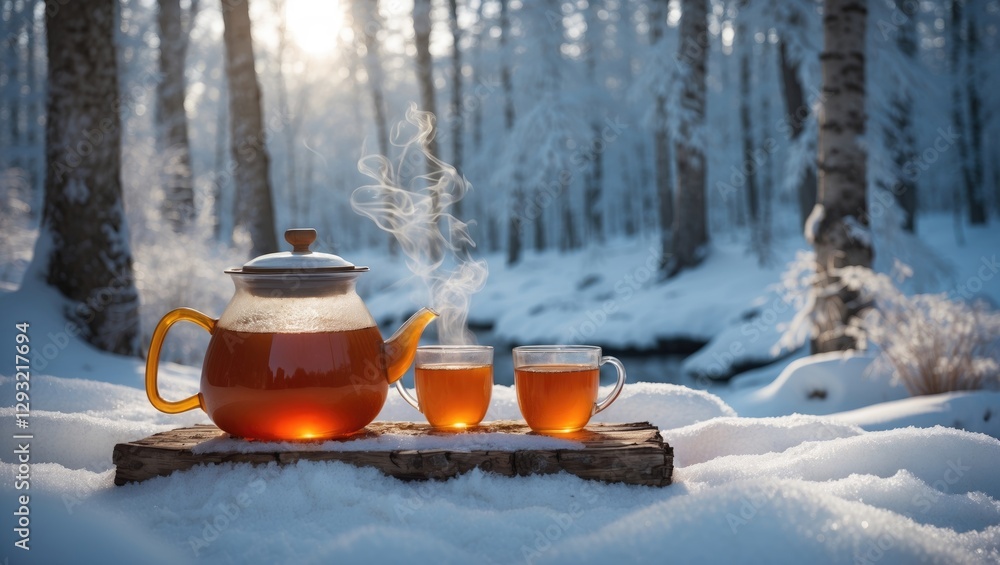 Poster warm tea in a pot with two cups in snowy winter forest with soft light and empty space for text