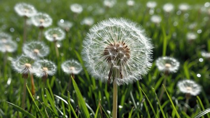 Fototapeta premium Dandelion Puff Flower Against Lush Green Grass Under Bright Sunshine Capturing Nature's Beauty in a Serene Garden Setting
