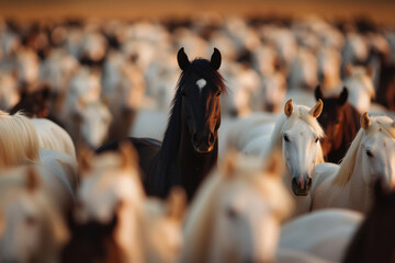 Black horse standing out in a herd of white horses at sunset