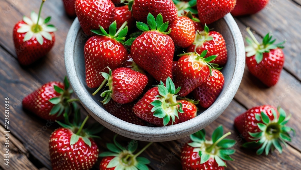 Poster fresh ripe strawberries in a bowl on rustic wooden table with vibrant greenery showcasing their appe