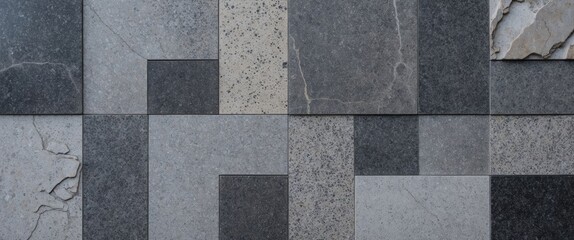 Geometric gray granite stone pattern with varied textures suitable for urban design and architectural backgrounds.
