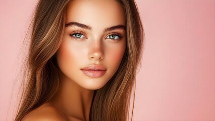 Fototapeta premium A close-up portrait of a young woman with long hair, clear skin, and striking blue eyes against a soft pink background. Concept Close-Up Portrait, Young Woman, Striking Blue Eyes