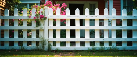 Charming white wooden fence adorned with vibrant flowers in a lush green yard inviting a warm and welcoming atmosphere.