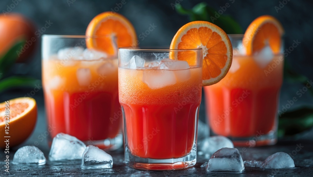 Poster refreshing red orange juice with ice cubes in glasses garnished with fresh citrus slices on a dark b