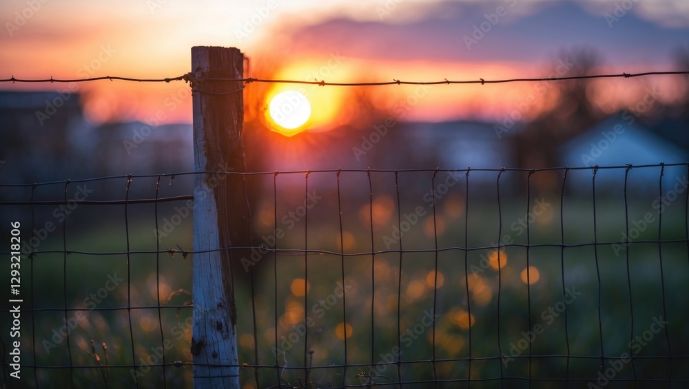Poster serene sunset view with a blurred fence in the foreground creating a warm and tranquil atmosphere in
