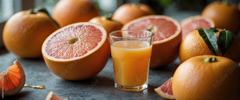 Aufkleber fresh grapefruit halves with juice surrounded by whole grapefruit on table natural light setting