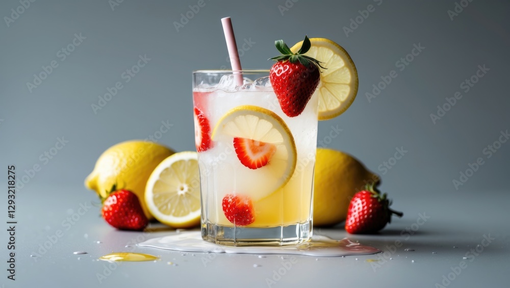 Poster refreshing summer lemonade with strawberries and lemon slices on a gray background ideal for summer 