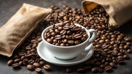 Freshly roasted coffee beans in a white cup surrounded by spilled beans and burlap bags, showcasing a cozy cafÃ© atmosphere.