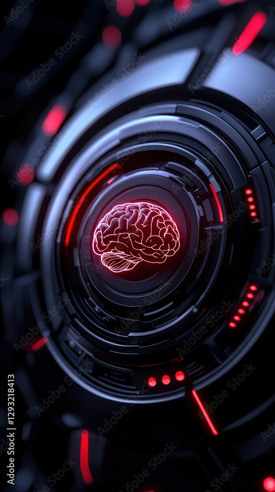 Poster futuristic brain design in a high-tech environment with glowing elements.