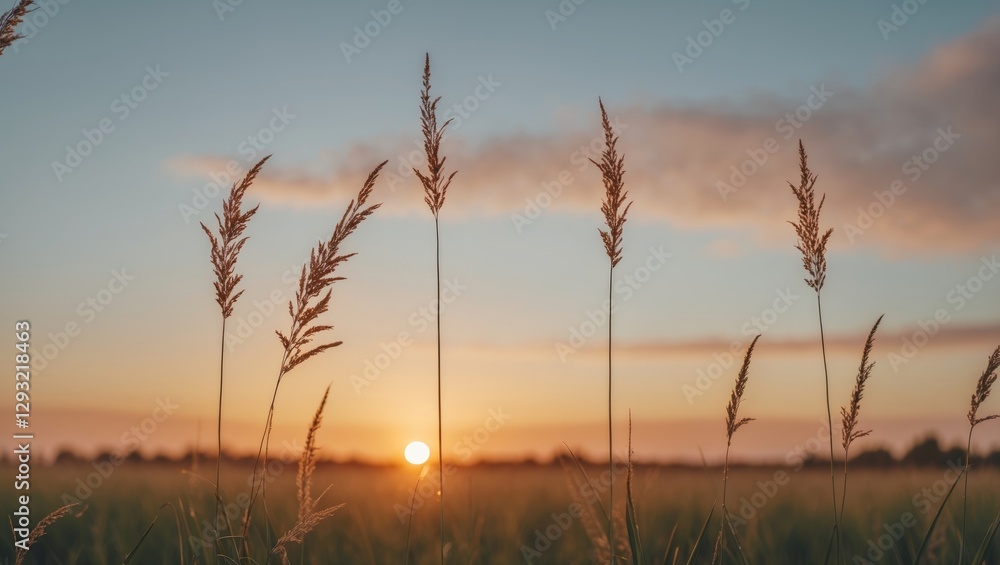 Poster golden sunset over tall grass stems highlighting nature's tranquility with empty sky space for text 