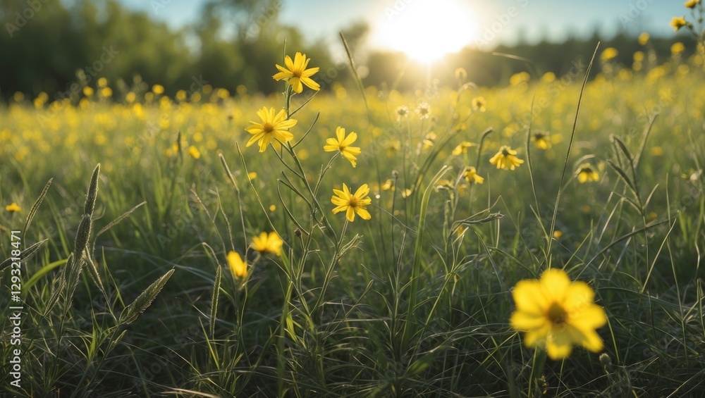 Poster lush field of wild yellow flowers illuminated by sunlight with gentle grass in the foreground and am