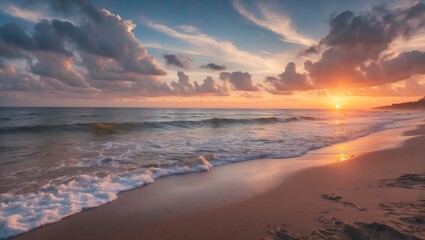 Obraz premium Serene Sunrise Over Ocean Waves and Sandy Beach During Dawn with Dramatic Clouds Reflecting Warm Light