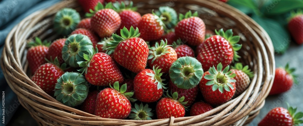 Aufkleber freshly harvested wild strawberries in a rustic wicker basket with vibrant green leaves and ample sp