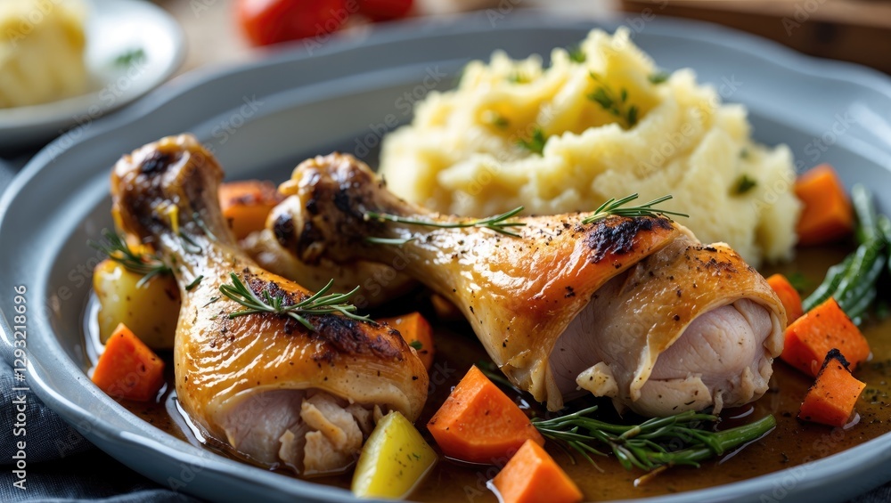 Poster roasted chicken legs with creamy mashed potatoes and colorful vegetables on a rustic plate with empt