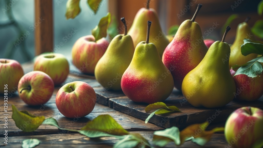 Aufkleber fresh ripe pears and apples on wooden table with natural light and space for text in rustic food set