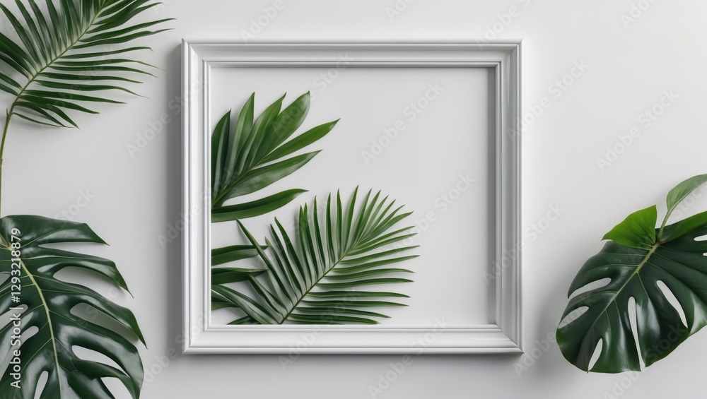 Poster tropical leaf frame mockup with white border and copy space for custom text or design elements in a 