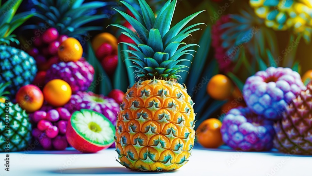 Poster vibrant ripe pineapple surrounded by an array of colorful fruits on a bright background showcasing t